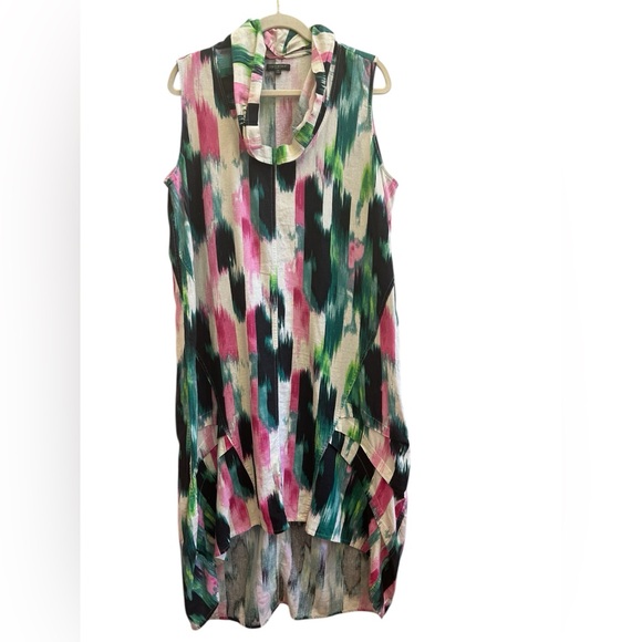 FOR CYNTHIA Linen Blend Lagenlook Tunic Dress Abstract Ikat High Low Artwear 1X - Picture 2 of 6